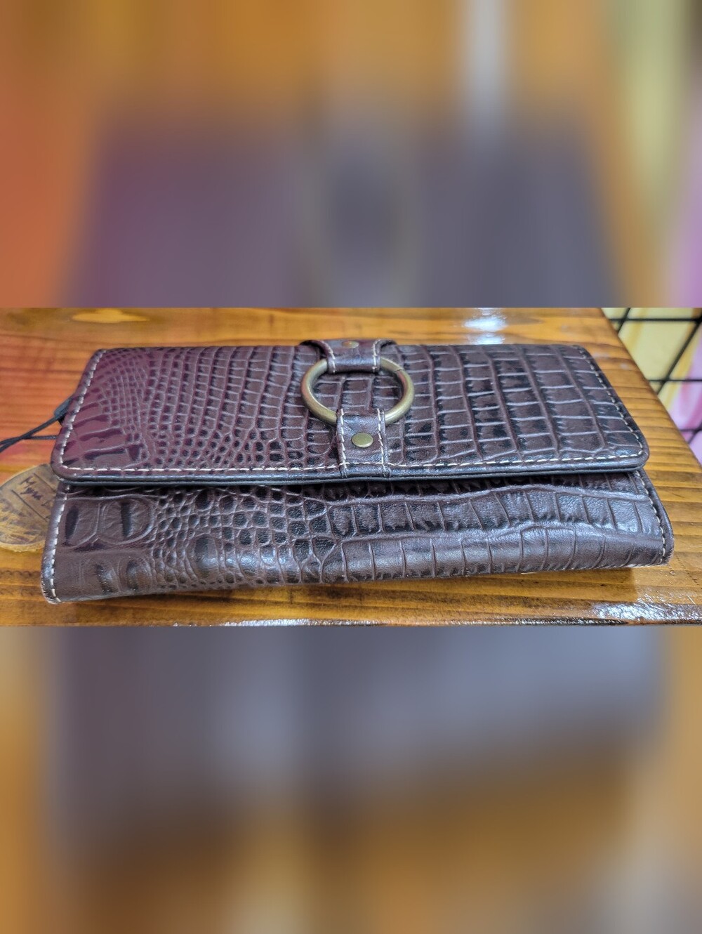 Brown Croc-Embossed Leather Wallet with Brass Ring